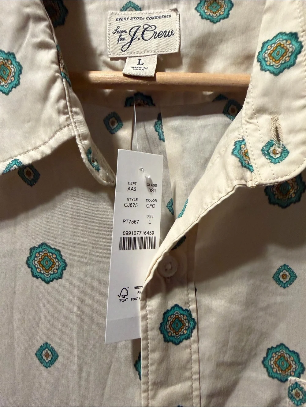J.Crew TENCEL lyocell Shirt Point Collar Calais Foulard Green Medallion Tile L